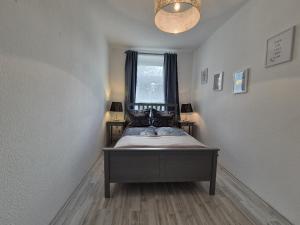 Un dormitorio con una cama en una habitación con ventana. en Mikra Homes24 in Chemnitz, en Chemnitz