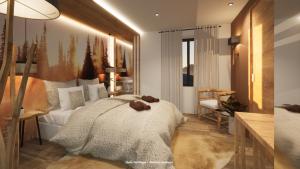 een slaapkamer met een bed, een tafel en een stoel bij Domaine Le H in Hohrod