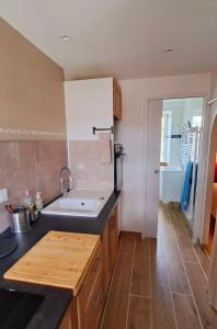 Saint-PointにあるLa Chenevièreのシンクと冷蔵庫付きのキッチン