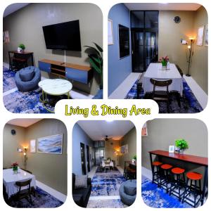 Humaira Homestay Teluk Intan في تيلوك إنتان: مجموعة من أربع صور لمنطقة المعيشة وتناول الطعام