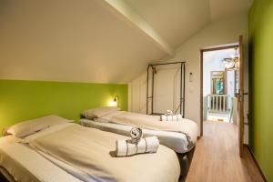two beds in a room with green walls at Le Havre de la Forêt in Dochamps