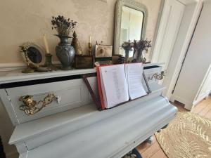 a shelf with two books and a mirror on it at MAISON YLANG in Médonville