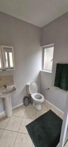 een witte badkamer met een toilet en een wastafel bij The Flip Flop Stop in Ballito