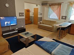 a living room with a couch and a flat screen tv at Kettő Ciprus Apartman in Hajdúszoboszló