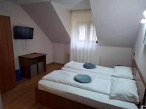 ein Schlafzimmer mit 2 Betten und blauen Kissen darauf in der Unterkunft B&B Granada in Covasna + 88 Fotos