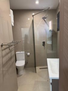 Un baño con ducha, inodoro y lavabo. en Sublime T2 Lumineux et Calme, en Dakar 3 fotos más