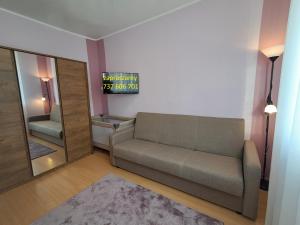 een woonkamer met een bank en een spiegel bij przy Zamku Ryn in Ryn +12 foto's