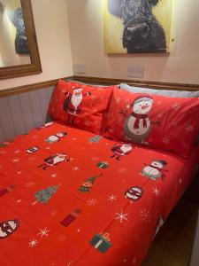 Waterloo Farm Shepherds Hut Glamping with Sun Lounge في بيرث: سرير مع بطانية حمراء مع وسائد سانتا كلوز