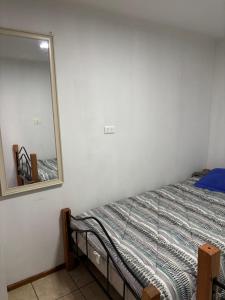 a bedroom with a bed and a mirror at Alojamiento Puente Alto in Santiago