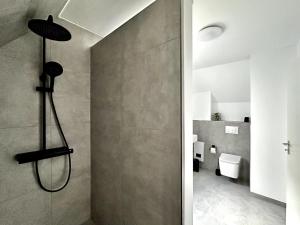 een badkamer met douche en toilet bij Altstadt Apartment Chalet in Haltern +18 foto's