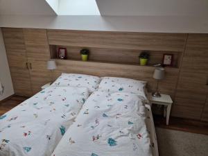 ein Schlafzimmer mit einem Bett mit hölzernem Kopfteil in der Unterkunft Hrabovo Helena 19 in Ružomberok + 1 Foto