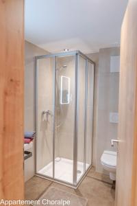 a glass shower in a bathroom with a toilet at Haus Panorama in Brixen im Thale +45 photos