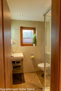 a bathroom with a toilet and a sink and a window at Haus Panorama in Brixen im Thale