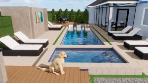 a dog is sitting next to a swimming pool at Double Rainbow Suites 24th in Fort Lauderdale