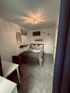 a bedroom with a bed and a chandelier at Bota Property in Kidlington +10 photos