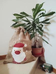 uma sacola de Natal ao lado de um vaso de planta em Il Giramondo em Montelabbate