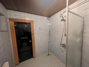 罗瓦涅米Santa's indoor Camping Hostel的带淋浴和玻璃门的浴室