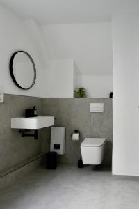 a bathroom with a sink and a toilet and a mirror at Altstadt Apartment Chalet in Haltern