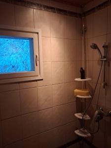 Traditional Finnish Lapland house at wild forest backyard! في كيمي: حمام مع دش وتلفزيون على الحائط +30 صورة