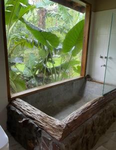 ECOLODGE PIEDRA Y AGUA في إل سوبربيو: حوض استحمام مع نافذة كبيرة في الحمام