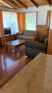 een woonkamer met een bank en een salontafel bij Cabañas Mis Nietos in Licán Ray
