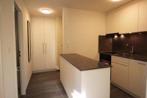 Residenza Lagrev 2 Zimmerwohnung Nr 222 - Typ 21B - 2 Etage - S W في سيلس ماريا: مطبخ بخزائن بيضاء وطاولة عمل