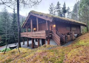 eine Blockhütte mit Grasdach in der Unterkunft Holmøy Lodge in Holmøyane + 16 Fotos
