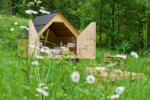 a wooden dog house in a field of grass at Campeggio Treinke Sauris in Sauris