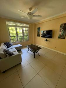 Secret Garden Guest House في Lowlands: غرفة معيشة مع أريكة وتلفزيون