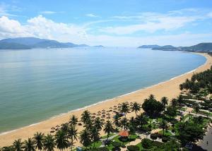a beach with trees and umbrellas and the ocean at The Wooden Nest Studio Nha Trang Center in Nha Trang