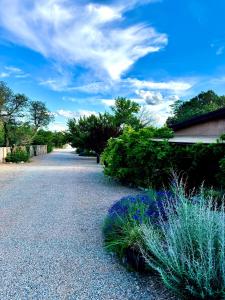 un vialetto di ghiaia con piante e un cielo azzurro di Historic Adobe 1 acre compound ultimate Santa Fe immersion Classic & Dreamy a Santa Fe