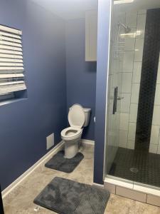 メンフィスにあるBannock placeのトイレとガラスのシャワー付きのバスルーム