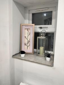 a shelf with plants and a picture in a bathroom at Modern 3-bed Serviced Appartement - Milnsbridge in Lindley