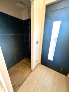 a bathroom with a shower and a blue door at Studio piscine in Bouc-Bel-Air