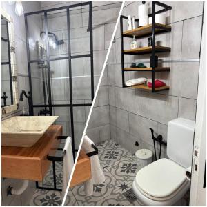 - deux photos d'une salle de bains avec toilettes et lavabo dans l'établissement Dpto Moya, à La Porteña