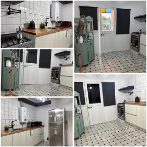 un collage de quatre photos d'une cuisine avec un vieux réfrigérateur dans l'établissement Dpto Moya, à La Porteña 1 autre photo