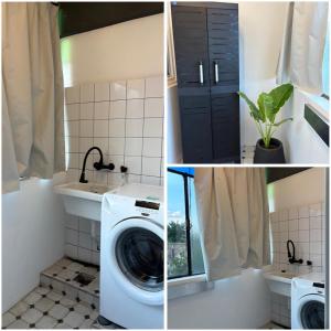 une salle de bains avec lave-linge et lavabo dans l'établissement Dpto Moya, à La Porteña