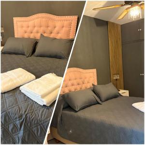 une chambre avec un lit à tête de lit orange dans l'établissement Dpto Moya, à La Porteña