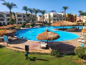 a swimming pool with straw umbrellas and people in a resort at Family Holiday 2 Bedroom Chalet with free Beach & Pool in Sharm, Egypt in Sharm El Sheikh +36 photos