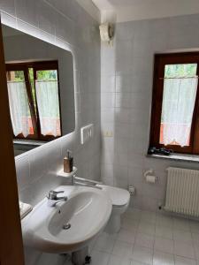 Dolomiti Dream House في سنسنيجا: حمام أبيض مع حوض ومرحاض