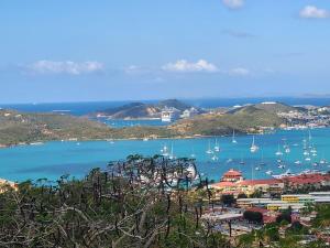 een uitzicht op een haven met boten in het water bij Queen Deluxe Double at Boundless Bliss Hotel in Raphune