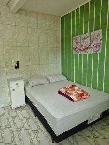 a small bed in a room with green walls at Casa em Ganchos in Governador Celso Ramos