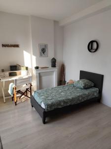 Duplex spacieux et lumineux en centre-ville في شاتودون: غرفة نوم مع سرير ومكتب وسرير sidx sidx