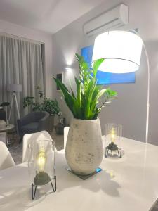 a vase with a plant on a table with candles at Villa Almihauss - Adults Only in Afantou