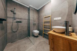 Un baño con lavabo, ducha e inodoro. en Apartmány Kellov Dom, en Demänovská Dolina 80 fotos más