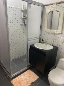 a bathroom with a shower and a sink and a toilet at Finca El Cural in Sasaima +29 photos