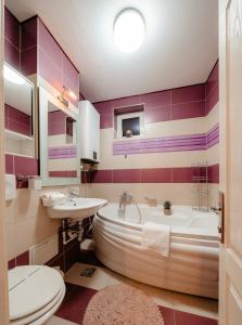 a bathroom with a tub and a sink and a toilet at Downtown Cozy Retreat - parcare inclusa in Vatra Dornei +18 photos