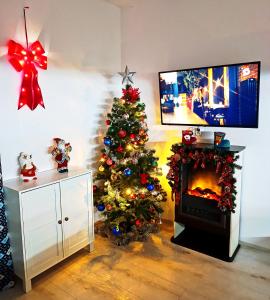 斯克拉斯卡波伦巴Furtka do Lasu的客厅配有圣诞树和壁炉