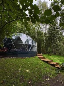 ein Gebäude mit einer Glaskuppel inmitten eines Feldes in der Unterkunft Tyla dviese in Kaciūniškiai