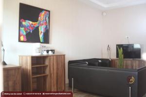 MandanouMiliet HOTEL的客厅里有一张黑色沙发和一台电视